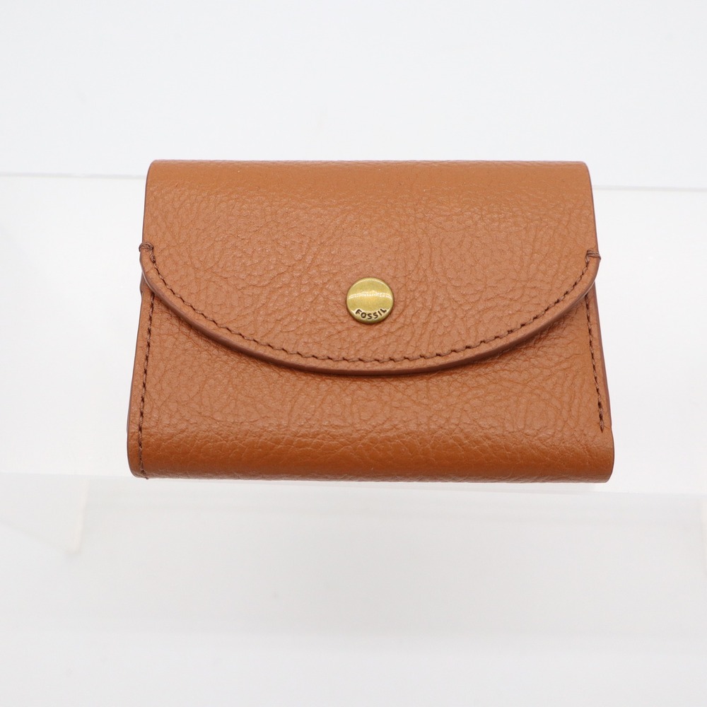 Fossil Tan Pebbled Leather Trifold Compact Wallet with Coin Pouch Brass Snap